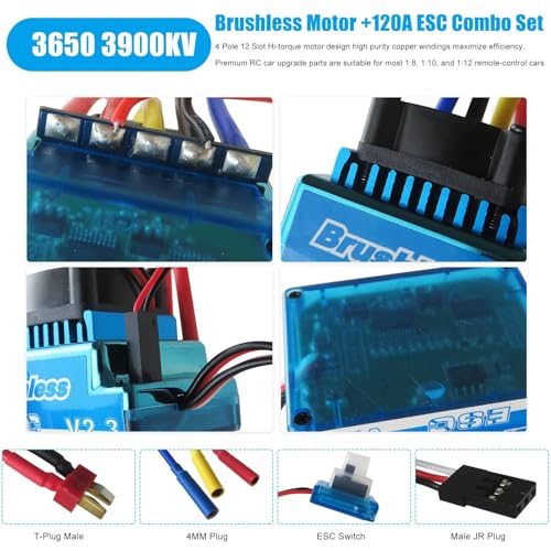 3650 3900KV Brushless Motor with 120A ESC Combo, Electric Speed Controller Set for 1/10 RC Car Upgraded (120A)