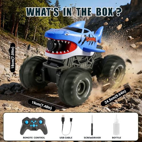 BOBXIN Amphibious Remote Control Car Shark Monster Truck Squirt Water Blue | Waterproof 4WD All-Terrain Off-Road 2.4Ghz RC Boat Car Pool Water Toys for Kids Age 6+ - color: Blue