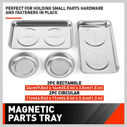 HORUSDY 4-Piece Large Magnetic Parts Tray Set, Stainless Steel Heavy Duty 9.5" W x 5.5''L Square and 4.5" Round Magnetic Trays Tools Parts Tray - style: 4-Piece Magnetic Tray - Pro