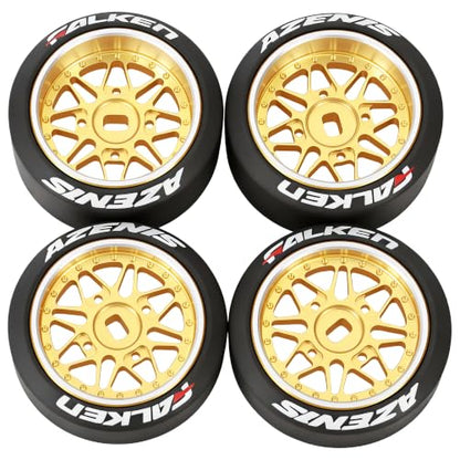 4 Pcs 25mm Star Shaped Rc Drift Wheels & Logo Drift Tires for 1/24 1/28 Wltoys, [2N+2W] Aluminum Alloy Rims with Rc Drift Car Tires for 1/24 1/28 Mini-Q HGD1 Wltoys K969 K989 k929(Gold) - color: Gold