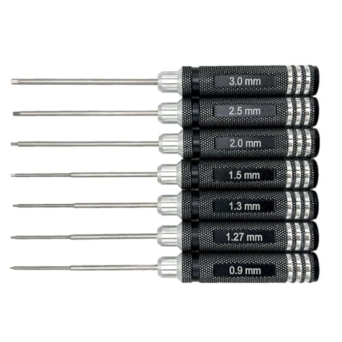 7pcs RC Hex Screwdriver Set 0.9/1.27/1.3/1.5/2.0/2.5/3.0mm Hex Driver Set | 7 hex drivers: 0.9,1.27,1.3,1.5,2.0,2.5,3.0mm. Steel tips, aluminum handles, non-slip grip. For RC Car Drone assembly&repair.
