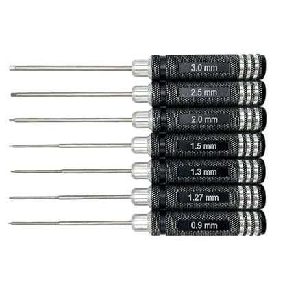 7pcs RC Hex Screwdriver Set 0.9/1.27/1.3/1.5/2.0/2.5/3.0mm Hex Driver Set | 7 hex drivers: 0.9,1.27,1.3,1.5,2.0,2.5,3.0mm. Steel tips, aluminum handles, non-slip grip. For RC Car Drone assembly&repair.