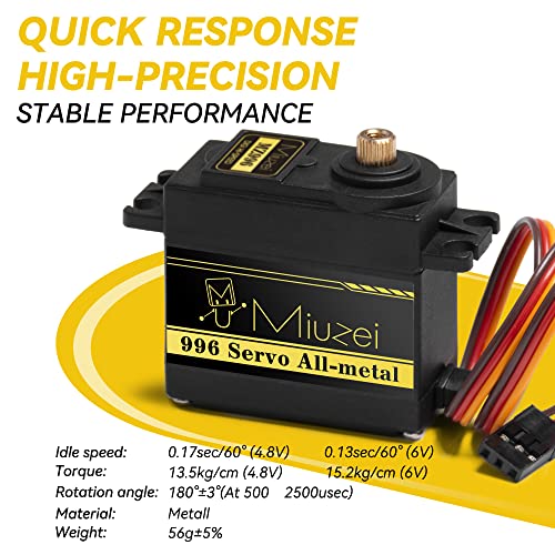 Miuzei MG996R Servo Motor Metal Gear High Torque for 1/10 RC Car Boat (6) | 15.2kg.cm Torque, 0.13S/60°Speed @6V. 55g, Digital 180 Degree, Steering Kit with Arm for RC Robot Helicopter Arduino Plane