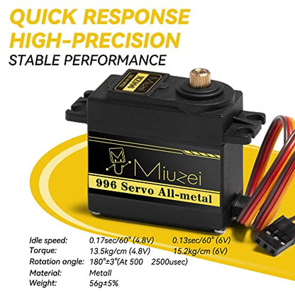 Miuzei MG996R Servo Motor Metal Gear High Torque for 1/10 RC Car Boat (6) | 15.2kg.cm Torque, 0.13S/60°Speed @6V. 55g, Digital 180 Degree, Steering Kit with Arm for RC Robot Helicopter Arduino Plane