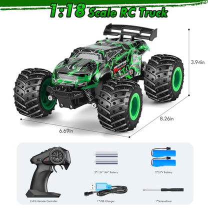 Remote Control Car, Rechargeable 1:18 Rc Cars, All-Terrain RC Truck | Remote Control Truck for Boys 4-7 8-12 with LED Light, 20KM/H, 2WD, 2.4GHz, Sturdy PVC Shell, Beginner-Green - color: Green