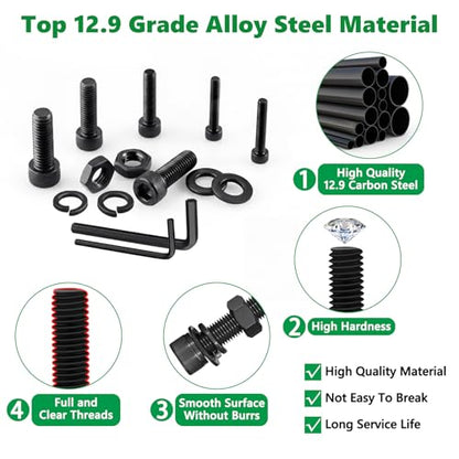481PCS M3 Screw Assortment Kit, 12.9 Alloy Steel Hex Socket Cap Bolts | High-Tensile, M3 x 30/35/40/45/50mm, With Flat Washers & Allen Wrench, Black Zinc Plated For 3D Printing,RC,DIY,Home - size: M3 481pcs 3