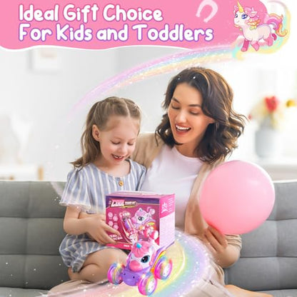 Remote Control Car Unicorn for Girls 360° Rotating 4WD Stunt RC Cars with Cute Cool LED Lights, 2.4GHz Toy Car USB Direct Charging RC Cars Birthday Gifts for Kids Girl Age 3-6 7-9 (Small) - style: Small