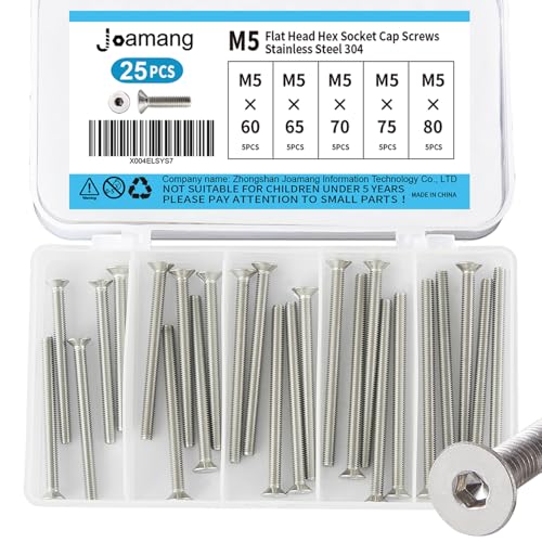 M5 x 60mm 65mm 70mm 75mm 80mm Flat Head Hex Socket Cap Screws Countersunk Bolts, Stainless Steel 304, Metric Allen Hex Drive, Bright Finish, Fully Threaded, Assortment Kit 25PCS - size: M5x60/65/70/75/80mm