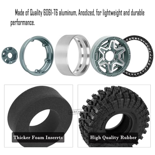 1.9 Wheels and Tires for 1/10 TRX4 TRX6 SCX10 SCX10 II 90046 SCX10 III AXI03007 SCX10 Pro Gen7/8 D90 VS4-10 MST CFX RC Crawler Car,Aluminium RC 1.9 Beadlock Wheels and Rubber Tires,Titanium - color: Titanium - (4pcs Wheels and Tires)
