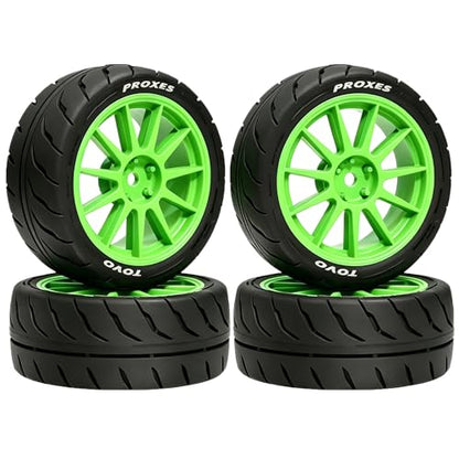 4PCS 1/10 RC Drift Racing Tires and Wheels 12mm Hex OD 2.56'' for 1:10 Scale Touring Street On Road Car Tamiya TT01 TT02 XV01 TA06 A959 PTG2 HPI KYOSHO HSP PTG2 Traxxa (Green) - color: Green