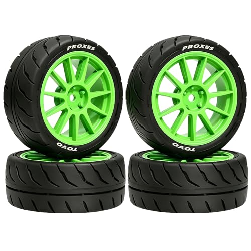 4PCS 1/10 RC Drift Racing Tires and Wheels 12mm Hex OD 2.56'' for 1:10 Scale Touring Street On Road Car Tamiya TT01 TT02 XV01 TA06 A959 PTG2 HPI KYOSHO HSP PTG2 Traxxa (Green) - color: Green