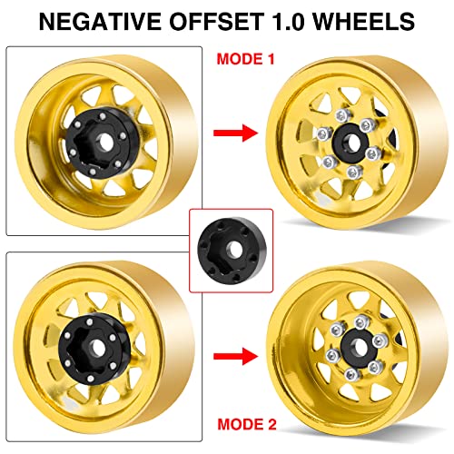 OGRC 1.0 RC Wheel Rims with Brass Rings Deep Dish Wheel Rims 1.0 Beadlock Wheels for 1/18 TRX4M 1/24 SCX24 C10 JLU Deadbolt Gladiator Bronco Crawler Car (Yellow) - color: Yellow