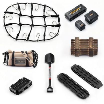 1/24 1/18 Scale RC Crawler Accessories Compatible with 1/24 SCX24 1/18 TRX4M Car Roof Kit with Luggage Net, ARB Bag, Recovery Boards, Shovel, Toolboxes, Wood Box, Luggage Box - color: Black