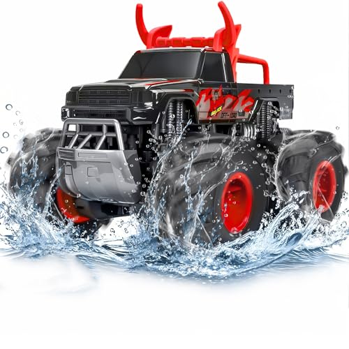Remote Control Car for Kids, Waterproof RC Monster Truck with Gesture Band | All Terrain Waterproof RC Car Drives on Land and Water with 4WD, LED Lights, Spray, 360° Stunts, Tracks and 50+ Min Play - color: Red