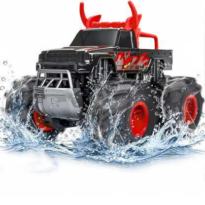 Remote Control Car for Kids, Waterproof RC Monster Truck with Gesture Band | All Terrain Waterproof RC Car Drives on Land and Water with 4WD, LED Lights, Spray, 360° Stunts, Tracks and 50+ Min Play - color: Red