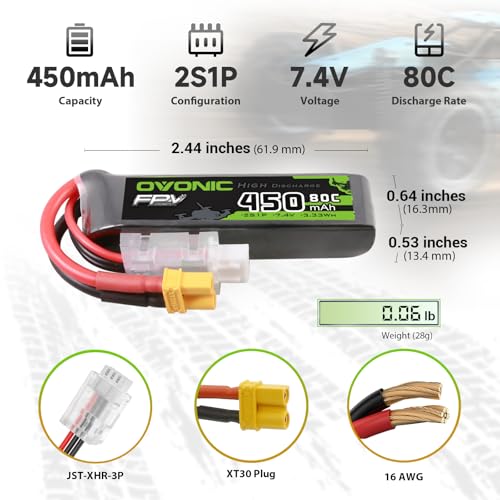 OVONIC 7.4V 80C 450mAh 2S Lipo Battery Long Size with XT30 Plug [1 Package Including 4 Batteries]