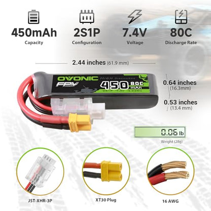 OVONIC 7.4V 80C 450mAh 2S Lipo Battery Long Size with XT30 Plug [1 Package Including 4 Batteries]