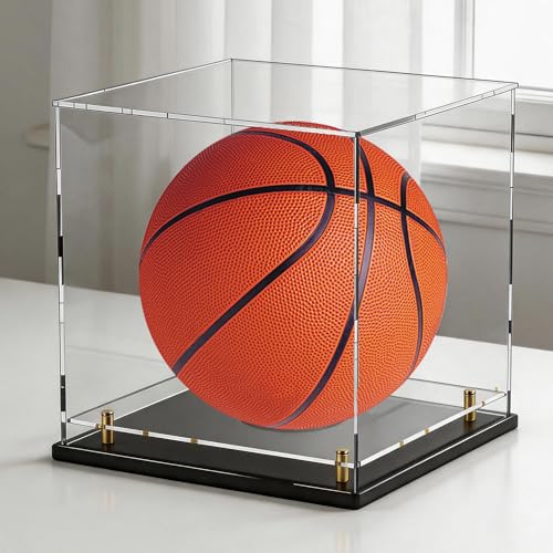 Acrylic Display Case with Raised Shelf & Ball Holder, Clear Display Box with Black Base & Gold Standoffs, Dustproof Showcase for Fullsize Basketball – Easy Assembly (12×12×12 Inch) - size: 12"L x 12"W x 12"H (with Ball Position)