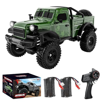 1:18 Scale All Terrain Remote Control Car, 2.4 GHz 4WD RC Rock Crawler with LED Lights, 12KPH Off-Road Pickup Truck Vehicle Toys RTR Gift for Adults - color: Green, size: 2 Battery