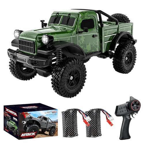 1:18 Scale All Terrain Remote Control Car, 2.4 GHz 4WD RC Rock Crawler with LED Lights, 12KPH Off-Road Pickup Truck Vehicle Toys RTR Gift for Adults - color: Green, size: 2 Battery