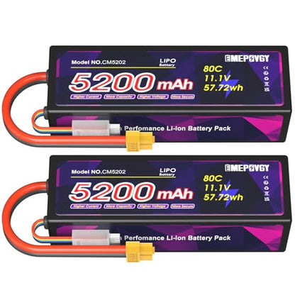 11.1V Lipo Battery 3S 5200mAh 80C Lipos Hard Case with XT60 Connector for RC Car Trucks 1/8 1/10 RC Vehicles(2 Packs) - color: Hardcase-2