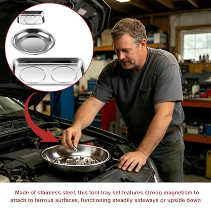 3PCS Magnetic Parts Tray, Stainless Steel Thickened Tray Set with Extra Strong Magnet, Heavy Duty Metal Parts Holder for Screws Nuts Bolts Washers Pins, Car Accessories (Tray & Bowl) - color: Tray & Bowl