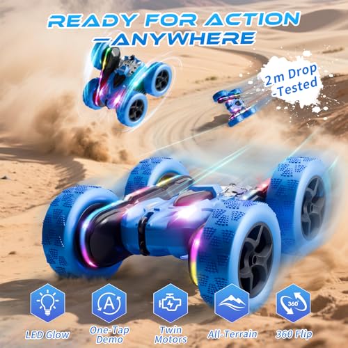 Remote Control Stunt Car 4WD 360° Flip Double‑Sided RC Cars, LED Light Bar, USB‑C Modular Battery, 2.4 GHz Outdoor Beach Toy for Boys 6‑12 Years Old, Birthday & Christmas Kids Gift, Blue - color: Blue