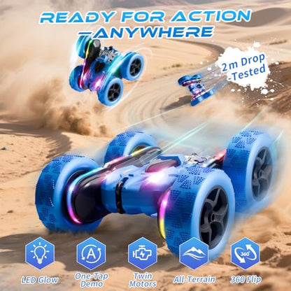 Remote Control Stunt Car 4WD 360° Flip Double‑Sided RC Cars, LED Light Bar, USB‑C Modular Battery, 2.4 GHz Outdoor Beach Toy for Boys 6‑12 Years Old, Birthday & Christmas Kids Gift, Blue - color: Blue