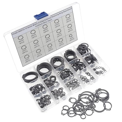 290PCS 15 Sizes Metric External C-Clip Retaining Ring Assortment Kit | Black Phosphate Carbon Steel Circlip Snap Rings for 4mm-28mm Shafts with Storage Box