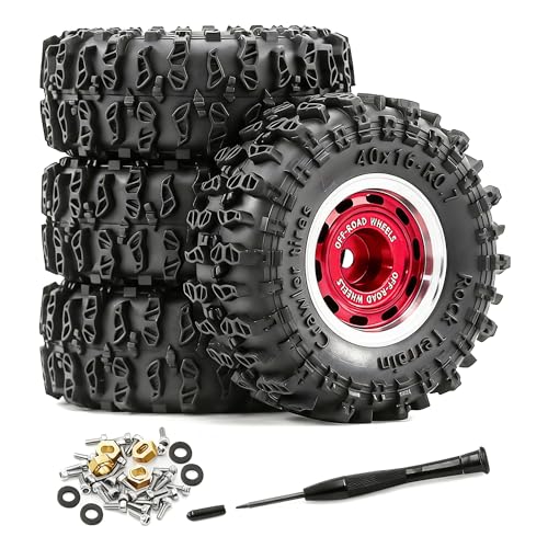 0.7” Wheel & Crawler Terrain Tire Set for 1/30 RC Crawler, -1.00mm Offset, Axial SCX30 & Redcat Ascent-32, CNC Aluminum Rims, 5mm Hex, Shims Screwdriver Included, Pre-Assembled, 4 pcs, Red - color: Red-1, size: Rock-trail-clean-out