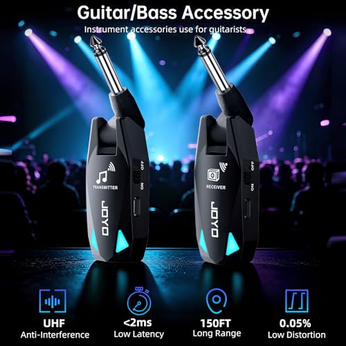 JOYO Wireless Guitar System UHF Transmitter Receiver 6 Channel <2ms Low Latency 150ft Long Range Rechargeable for Guitar Bass 6.35mm Mono Audio Cordless (JW-08)