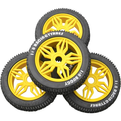 ShareGoo OD 4.52" 1/8 RC Buggy Rubber Tires Tyre w/ 5 Spoke Plastic Rim 17mm Hex Compatible with Arrma Kyosho Exceed RC Traxxas Redcat HSP HPI 1/8 Scale Off Road Car Buggy (Yellow) - color: Yellow