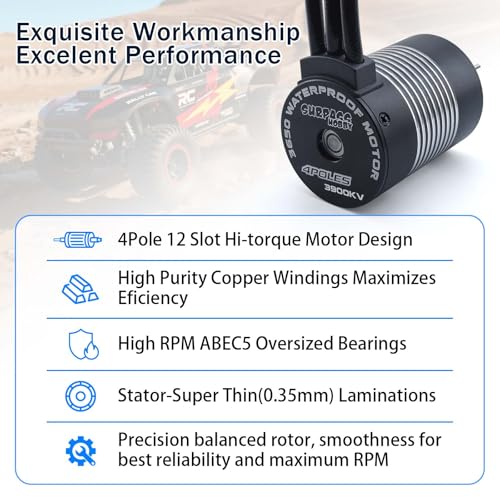 Surpass Hobby 3650 Brushless Motor 3900KV 3.175mm Shaft Waterproof Motor for Most of 1/10 Scale RC Truck RC Car - size: 3900kv, style: 3650 Brushless Motor