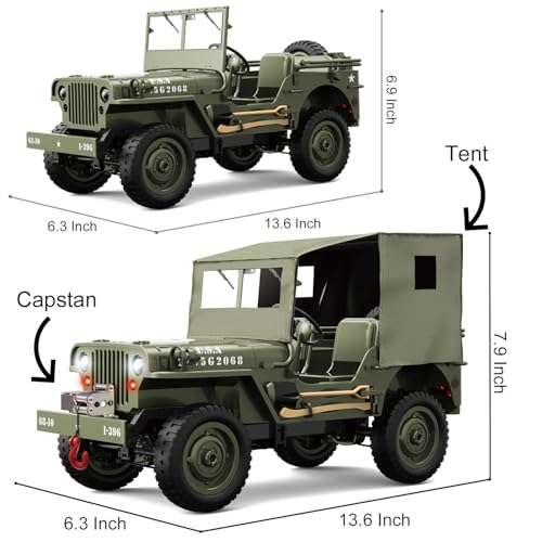 RC Jeep 1/10 Scale Willys Hobby RC Car Off-Road Military Crawler, 2.4Ghz Military Truck 4WD RC Crawler with Light, Tarpaulin, Metal Shaft, 4x4 Off Road Vehicle RTR Jeep Car, 2 Batteries