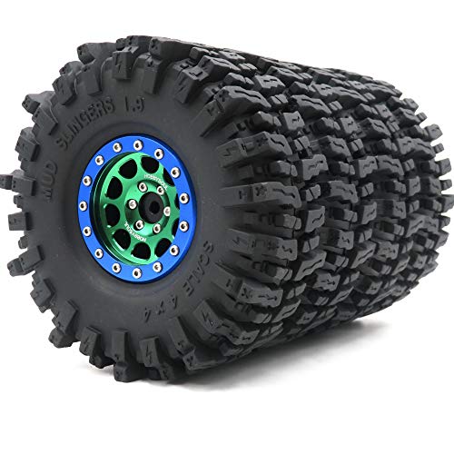Soft Sticky 1.9 Mud Slingers Tires T8 Tyre 120mm/4.72inch & 1.9 Beadlock Wheels Green Blue Color For 1/10 Rock Crawler Traxxas TRX4 Axial SCX10 Redcat Gen8, (4-Pack) - color: Green & Blue