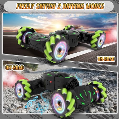 Pristar Gesture RC Car Toys for Boys 6-12, Gifts for Kids Aged 6-12 | RC Sensing Stunt Car with Cool Spray Lights Music, 2.4Ghz Remote Control Car Double Sided Flip 360° Rotate 4WD Off-Road - color: Green-black