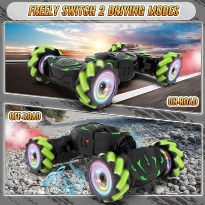 Pristar Gesture RC Car Toys for Boys 6-12, Gifts for Kids Aged 6-12 | RC Sensing Stunt Car with Cool Spray Lights Music, 2.4Ghz Remote Control Car Double Sided Flip 360° Rotate 4WD Off-Road - color: Green-black