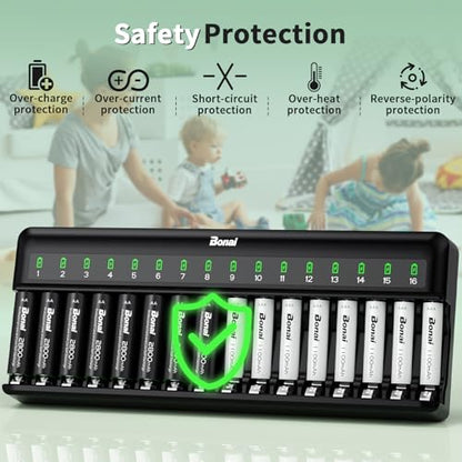 Bonai Rechargeable AA and AAA Batteries with Charger, 8 x 2800mAh AA & 8 x 1100mAh AAA & 16 Bay Advanced Individual Fast Battery Charge with American AC Plug