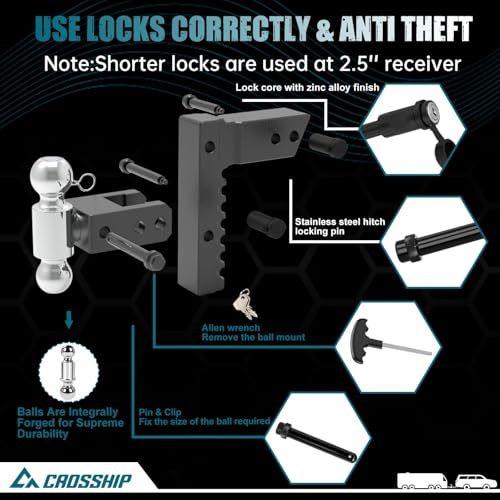 Adjustable Trailer Hitch - Heavy Duty Aluminum Drop Drawbar Hitch - Fits 2.5" Receiver, 8" Drop/Rise, for Truck, SUV, RV(18500 Lbs GTW) - color: Black, size: 2.5" 8 Drop-Dual Ball