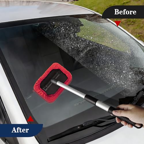 Windshield Cleaning Tool, Car Window Cleaner, Vehicle Window Cleaner with Extendable Handle & 2 Washable Microfiber Pads, Car Interior Glass Wiper Cleaning Kit for Most Vehicles (Red) - color: Red