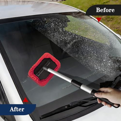 Windshield Cleaning Tool, Car Window Cleaner, Vehicle Window Cleaner with Extendable Handle & 2 Washable Microfiber Pads, Car Interior Glass Wiper Cleaning Kit for Most Vehicles (Red) - color: Red