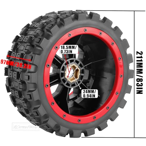 MX43 RC Wheels and Tires Truck Tires for 1/5 KRATON 8S EXB AVC 4X4 RTR,1/5 Outcast 8S EXB AVC 4X4 RTR,1/5 X-MAXX 8S,Pro-line Racing Badlands Tires w/Wheel Hex,4PCS,Red - color: Red(4pcs)