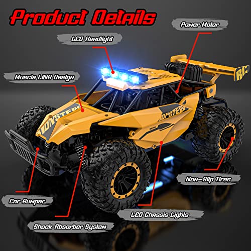 BLUEJAY Remote Control Car, 2.4GHz High Speed 33KM/H RC Cars Toys | 1:12 Monster RC Truck Off Road with LED Headlight and Rechargeable Battery Gifts for Adults Boys 8-12 - color: Matt Yellow