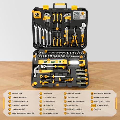 GRENPRO 219PCS Basic Home Auto Mechanic Hand Tool Kit with Storage Tool Box | Portable Tool Box, CR-V Steel, Complete Kit, Anti-Drop Slots, Household DIY, Auto Motorcycle, Home Garage For Men & Women - style: Yellow Hand Tool Set 219PC