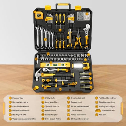 GRENPRO 219PCS Basic Home Auto Mechanic Hand Tool Kit with Storage Tool Box | Portable Tool Box, CR-V Steel, Complete Kit, Anti-Drop Slots, Household DIY, Auto Motorcycle, Home Garage For Men & Women - style: Yellow Hand Tool Set 219PC