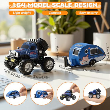 Snugzy Mini RC Car 1:64 Scale RC Truck for Kids with Trailer 2.4Ghz Remote Control Rechargeable RC Cars Toy Gifts for Boys Girls Adult (Blue) - color: Blue