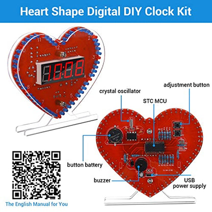 MIOYOOW Heart Shaped 4-Digit DIY Clock Kits with Rotating LED Lights, SMT/SMD Soldering Practice Kit, DIY LED Heart Alarm Clock Soldering Projects for School Learning Electronics - color: Heart Shaped 4-digit Diy Clock Kits