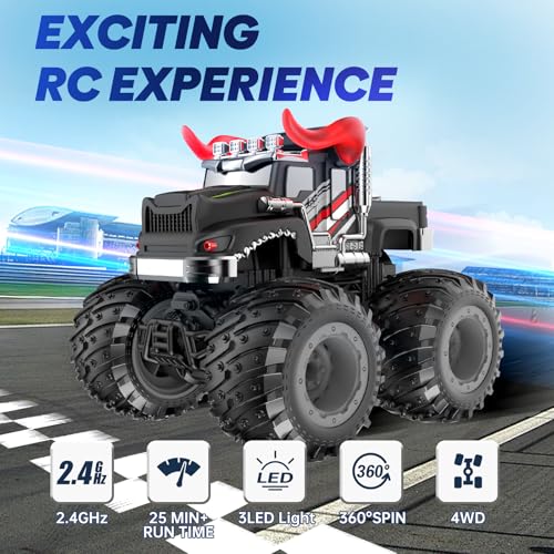 BAODLON Remote Control Monster Car, 2.4GHz RC Bull Monster Truck Toys for 3 4 5 6 7 8 Years Old Boys Kid, All Terrain RC Truck Off Road with Spray, Light, Rechargeable Battery, Christmas Birthday Gift - style: Bull