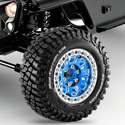 1.9" Beadlock Wheels and Tires 90mm for MJX Hyper Go H12Y, MN128 | CNC Aluminum Wheels, Soft Rubber Tires with Foam Inserts, Installation Tool Included, Blue - color: Blue