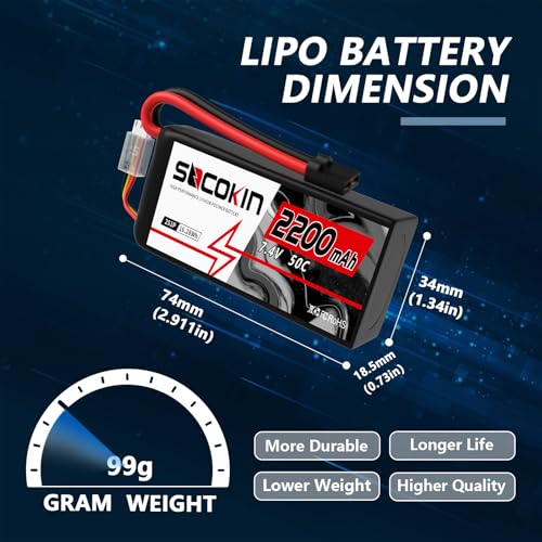 2S Lipo Battery 7.4V 50C 2200mAh Lipo Battery with TR Connector Plug Soft Shorty Case for RC Car Truck Boat Truggy FPV Drone Quadcopter UAV Airplane Helicopter (2 Pack)